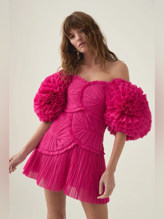 Aje Crystallise Pleated Fuschia Floral Appliqu Off-The-Shoulder Mini Dress Nwt